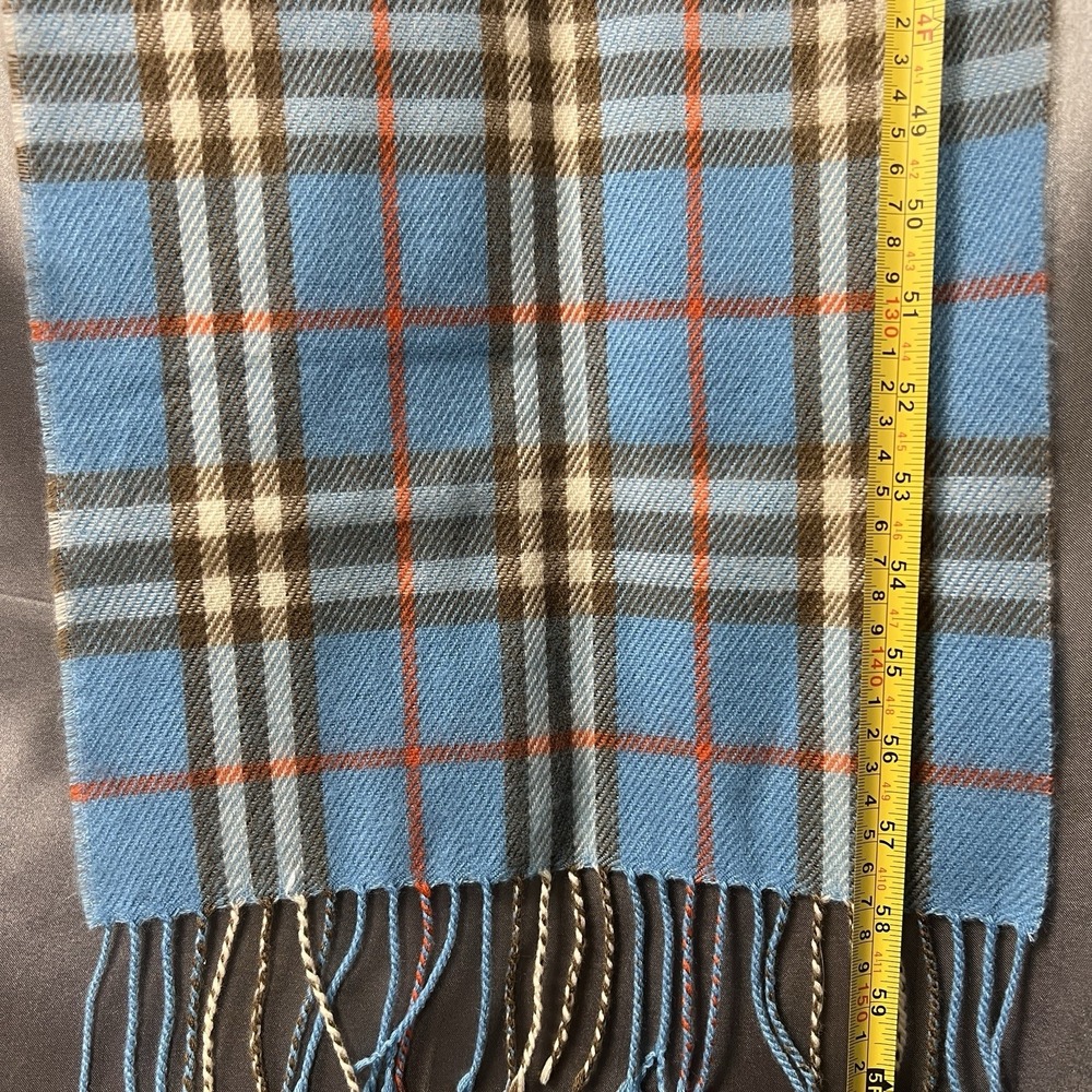 Hand Tailored 100% Cashmere Fringe Scarf Tartan Blue/ Brown / Orange Germany VTG - Picture 7 of 8